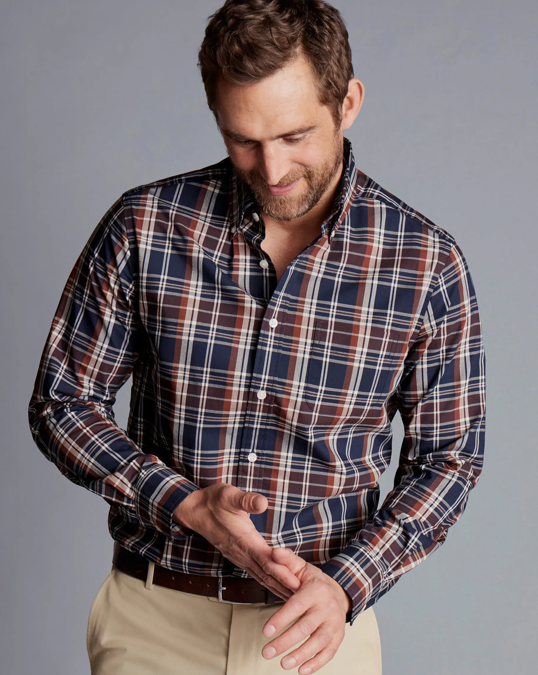 Shirt Sale|Casual Shirts<Charles Tyrwhitt Button-Down Collar Non-Iron Stretch Poplin Plaid Check Shirt - Rust
