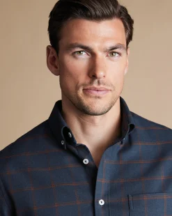 Casual Shirts|Check Shirts<Charles Tyrwhitt Button-Down Collar Non-Iron Twill Windowpane Check Shirt - Rust & Navy Rust & Navy