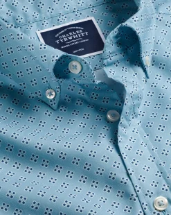Shirt Sale|Casual Shirts<Charles Tyrwhitt Button-Down Collar Non-Iron Stretch Poplin Diamond Print Short Sleeve Shirt - Green Aqua