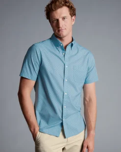 Shirt Sale|Casual Shirts<Charles Tyrwhitt Button-Down Collar Non-Iron Stretch Poplin Diamond Print Short Sleeve Shirt - Green Aqua