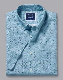 Shirt Sale|Casual Shirts<Charles Tyrwhitt Button-Down Collar Non-Iron Stretch Poplin Diamond Print Short Sleeve Shirt - Green Aqua
