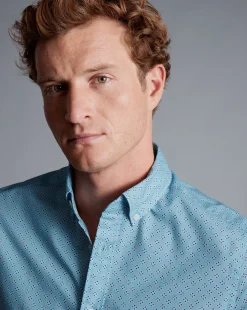 Shirt Sale|Casual Shirts<Charles Tyrwhitt Button-Down Collar Non-Iron Stretch Poplin Diamond Print Short Sleeve Shirt - Green Aqua