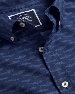 Shirt Sale|Casual Shirts<Charles Tyrwhitt Button-Down Collar Non-Iron Stretch Poplin Fish Print Short Sleeve Shirt - Navy