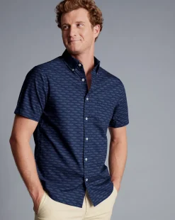 Shirt Sale|Casual Shirts<Charles Tyrwhitt Button-Down Collar Non-Iron Stretch Poplin Fish Print Short Sleeve Shirt - Navy