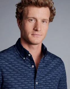 Shirt Sale|Casual Shirts<Charles Tyrwhitt Button-Down Collar Non-Iron Stretch Poplin Fish Print Short Sleeve Shirt - Navy
