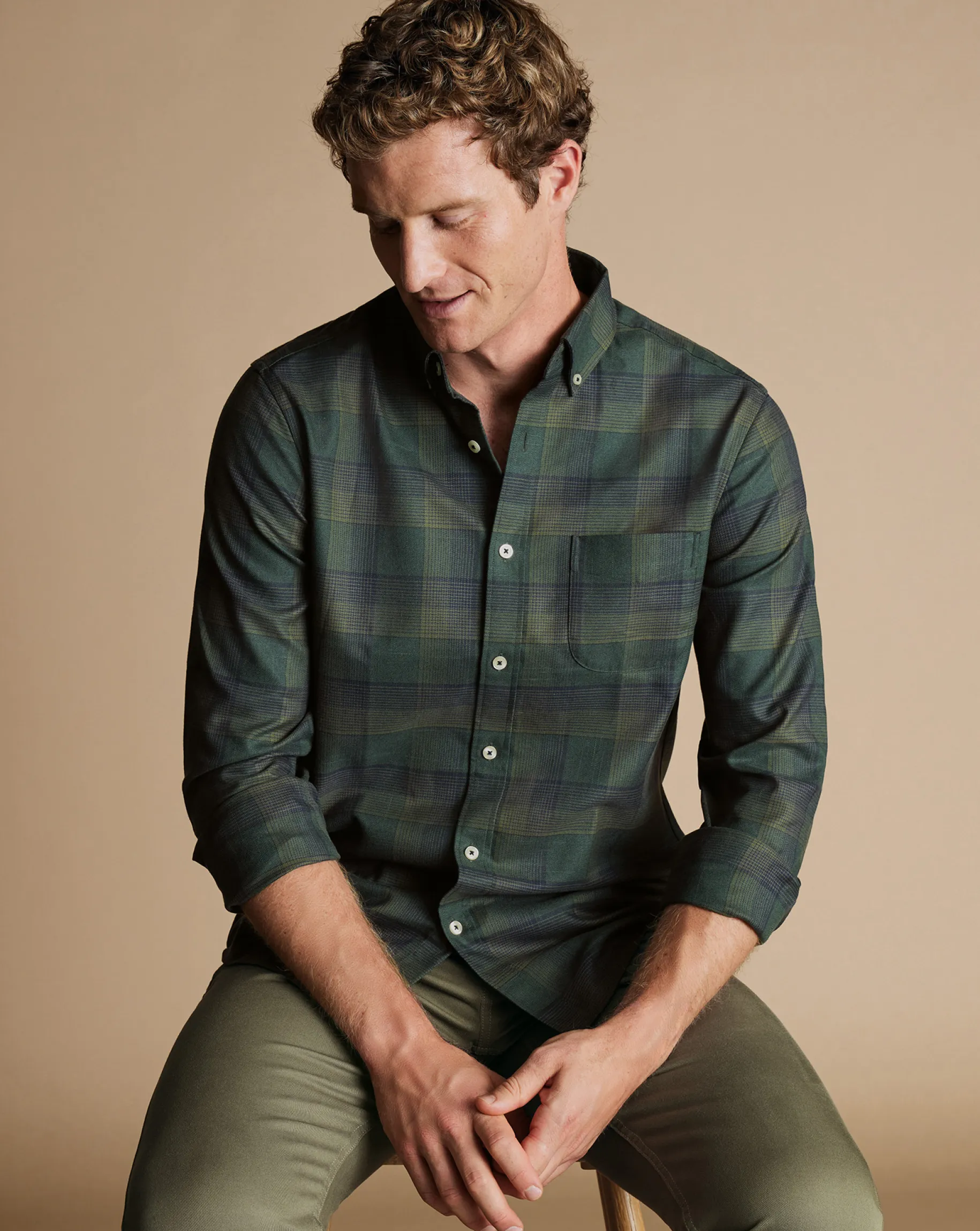 Casual Shirts|Check Shirts<Charles Tyrwhitt Button-Down Collar Non-Iron Twill Multi Check Shirt - Sage Green