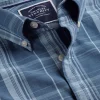 Shirt Sale|Casual Shirts<Charles Tyrwhitt Button-Down Collar Non-Iron Stretch Poplin Slub Multi Check Short Sleeve Shirt - Steel Blue