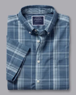 Shirt Sale|Casual Shirts<Charles Tyrwhitt Button-Down Collar Non-Iron Stretch Poplin Slub Multi Check Short Sleeve Shirt - Steel Blue