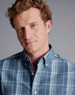 Shirt Sale|Casual Shirts<Charles Tyrwhitt Button-Down Collar Non-Iron Stretch Poplin Slub Multi Check Short Sleeve Shirt - Steel Blue