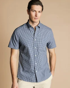 Short Sleeve Shirts|Business Casual Shirts<Charles Tyrwhitt Button-Down Collar Non-Iron Stretch Mini Gingham Short Sleeve Shirt - French Blue