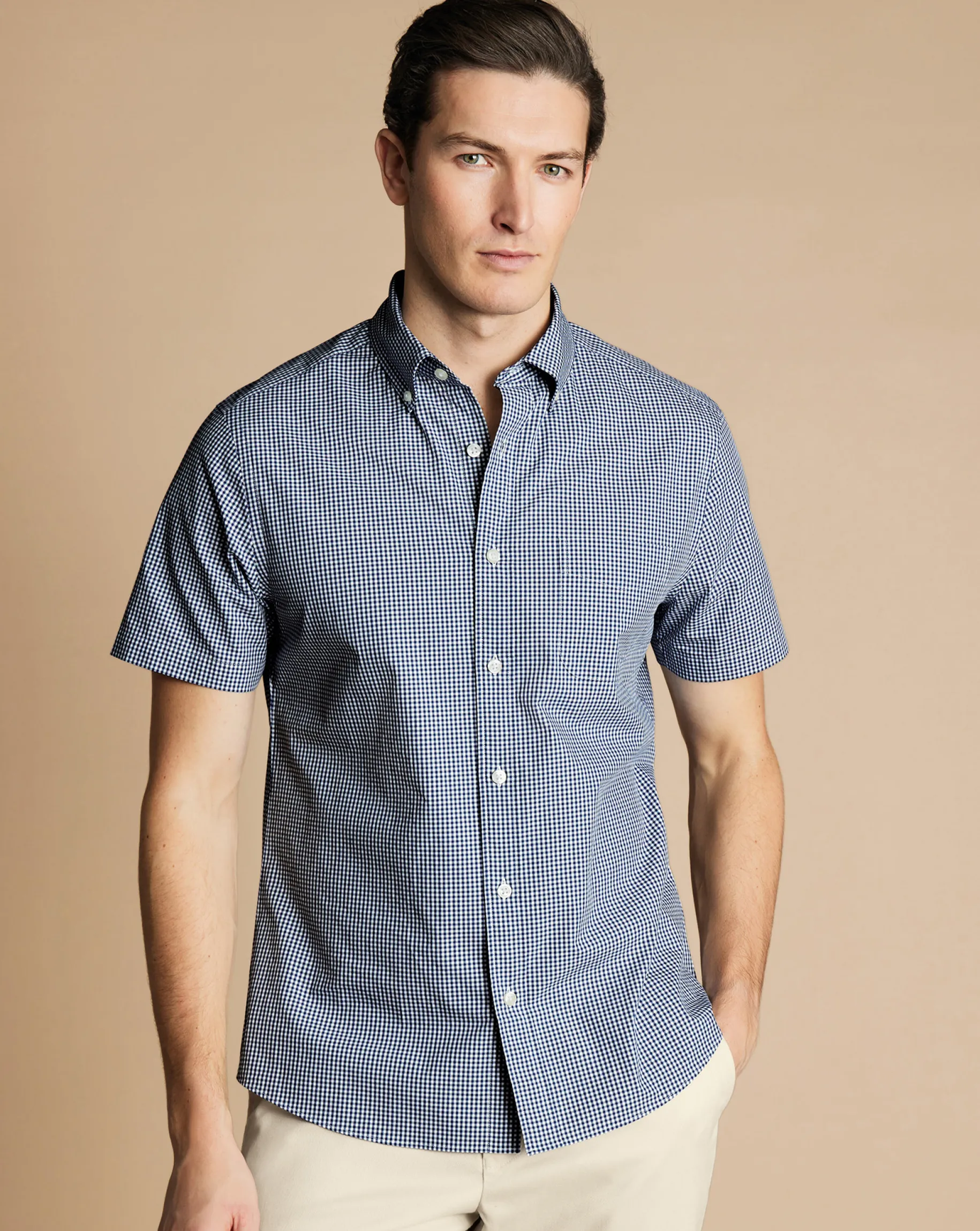 Short Sleeve Shirts|Business Casual Shirts<Charles Tyrwhitt Button-Down Collar Non-Iron Stretch Mini Gingham Short Sleeve Shirt - French Blue