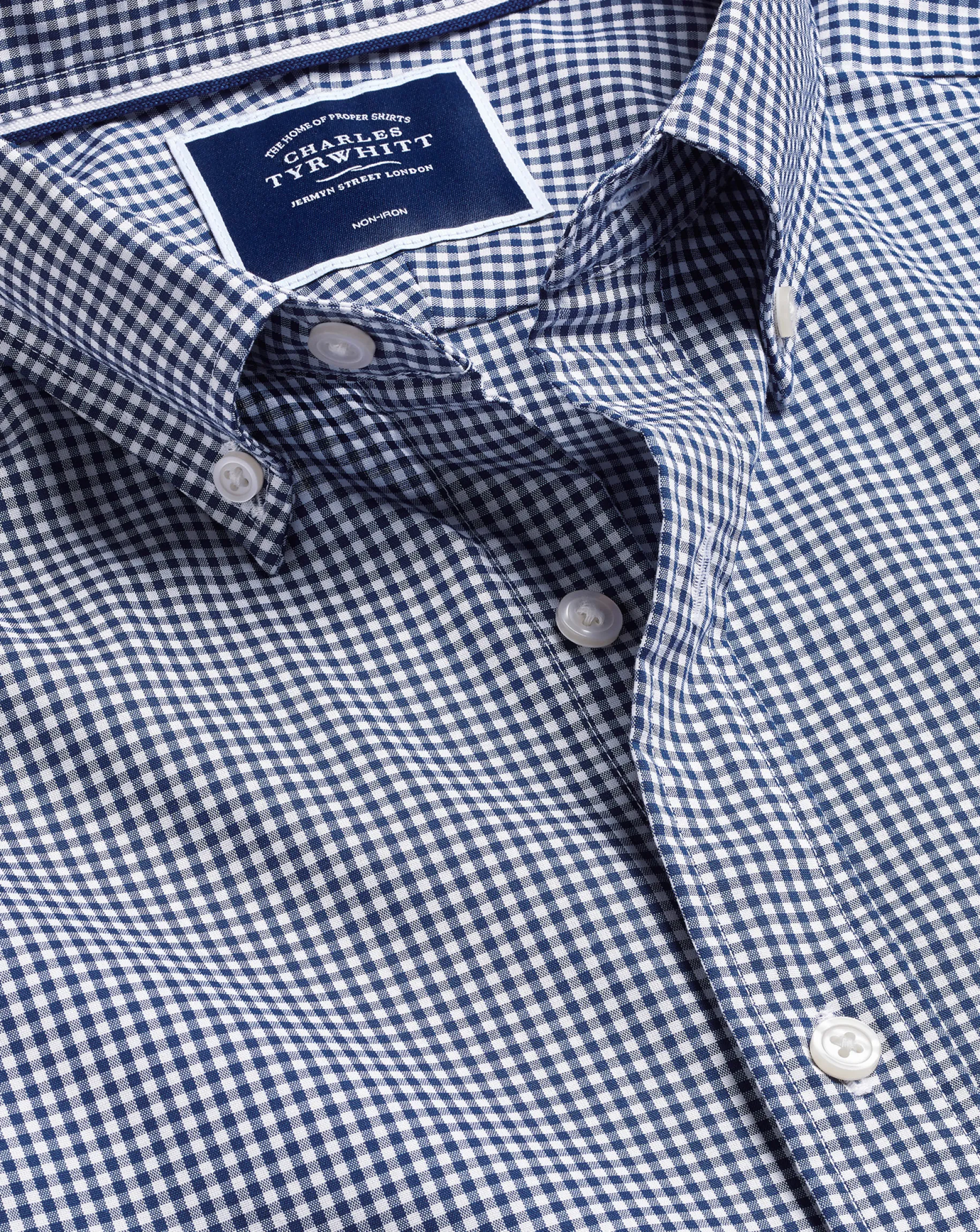 Short Sleeve Shirts|Business Casual Shirts<Charles Tyrwhitt Button-Down Collar Non-Iron Stretch Mini Gingham Short Sleeve Shirt - French Blue