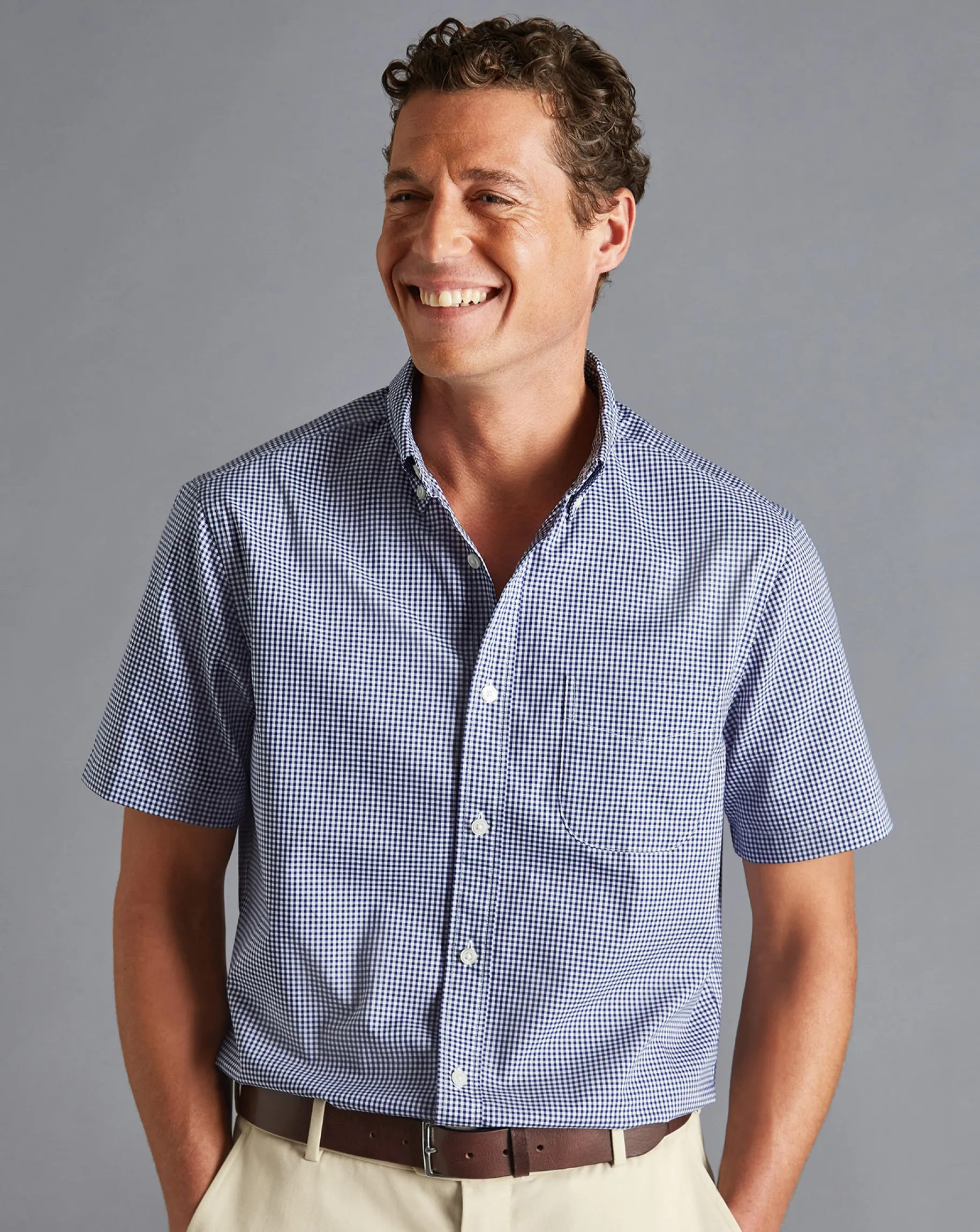Short Sleeve Shirts|Business Casual Shirts<Charles Tyrwhitt Button-Down Collar Non-Iron Stretch Mini Gingham Short Sleeve Shirt - French Blue