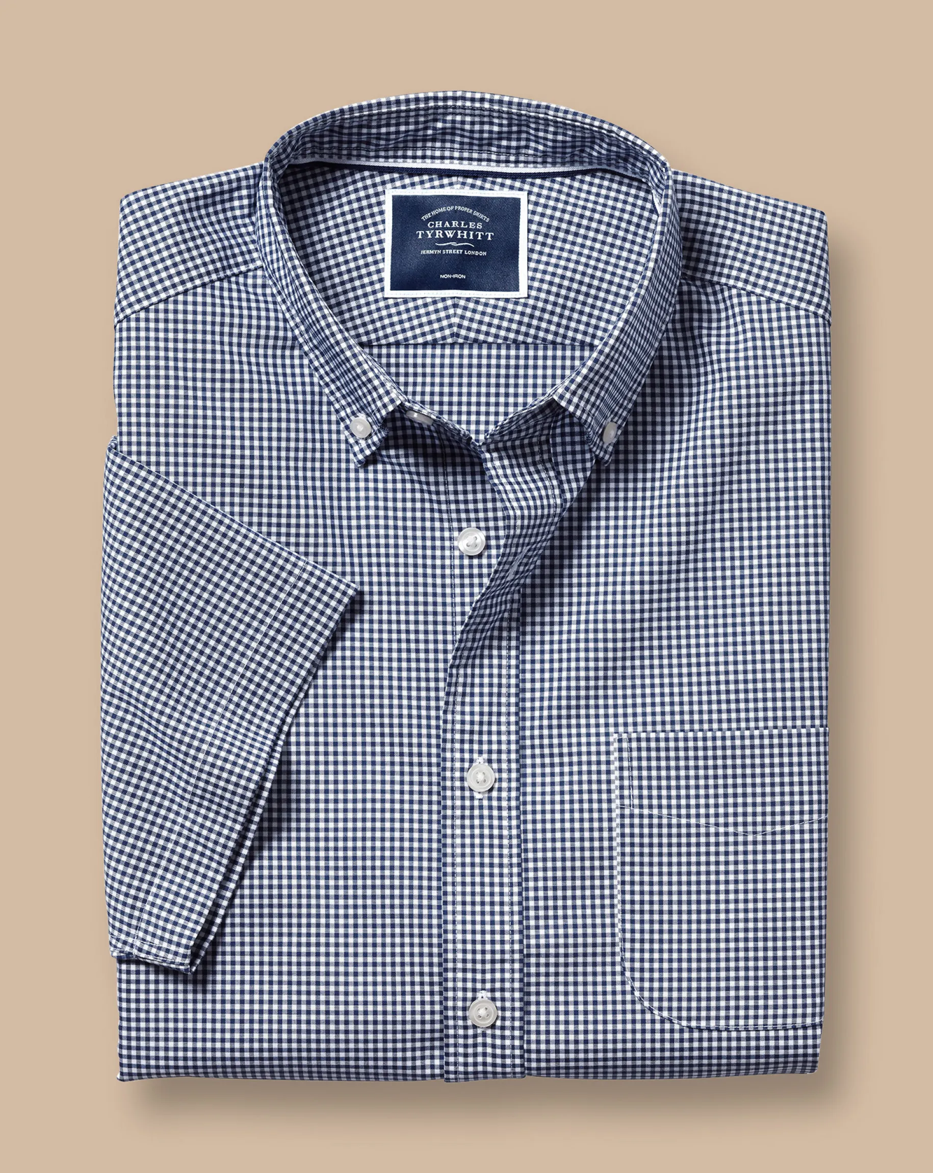 Short Sleeve Shirts|Business Casual Shirts<Charles Tyrwhitt Button-Down Collar Non-Iron Stretch Mini Gingham Short Sleeve Shirt - French Blue