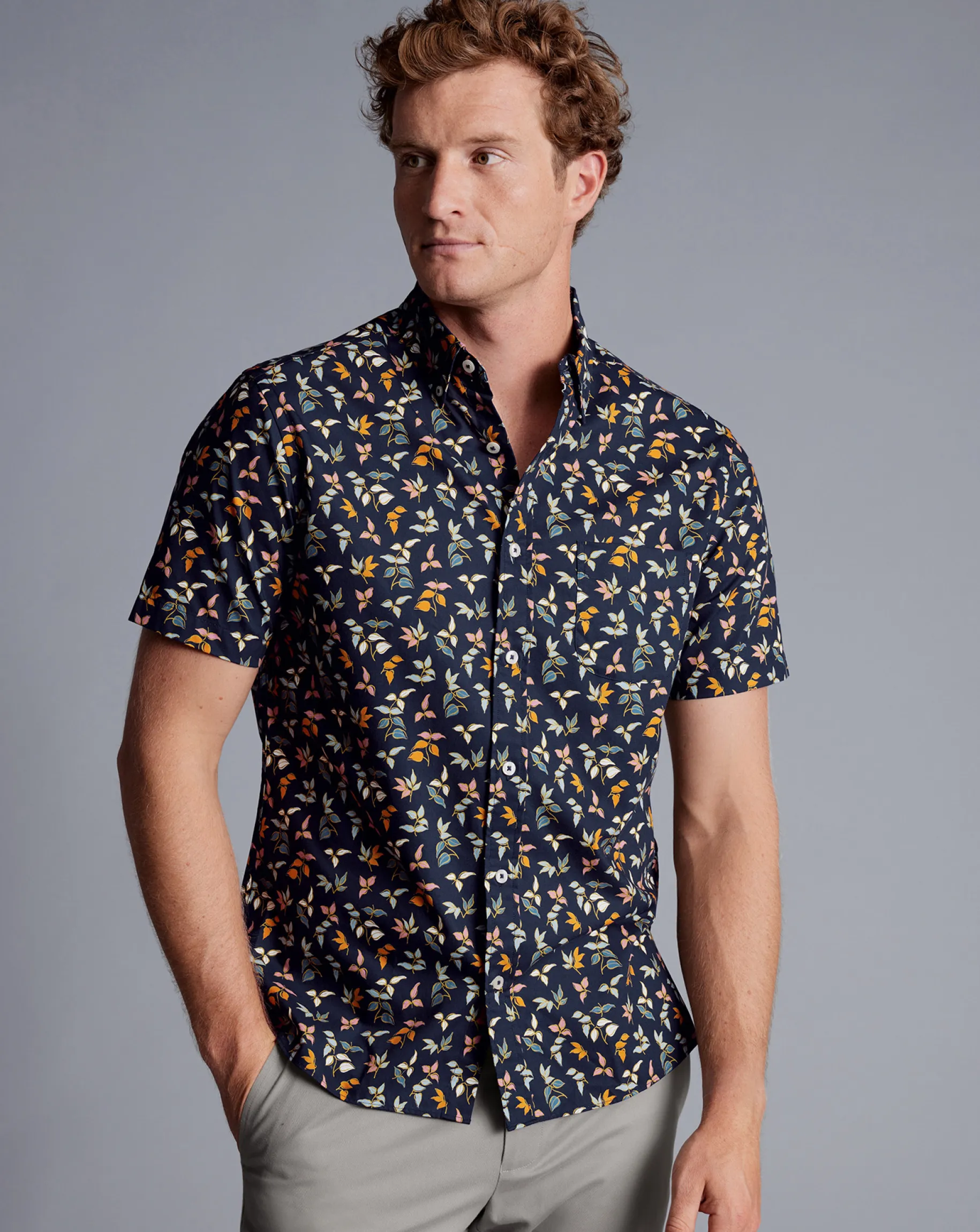 Shirt Sale|Casual Shirts<Charles Tyrwhitt Button-Down Collar Non-Iron Stretch Poplin Multi Leaf Print Short Sleeve Shirt - Navy