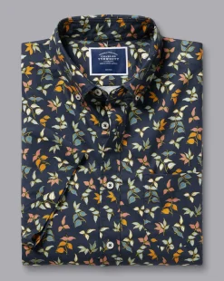 Shirt Sale|Casual Shirts<Charles Tyrwhitt Button-Down Collar Non-Iron Stretch Poplin Multi Leaf Print Short Sleeve Shirt - Navy