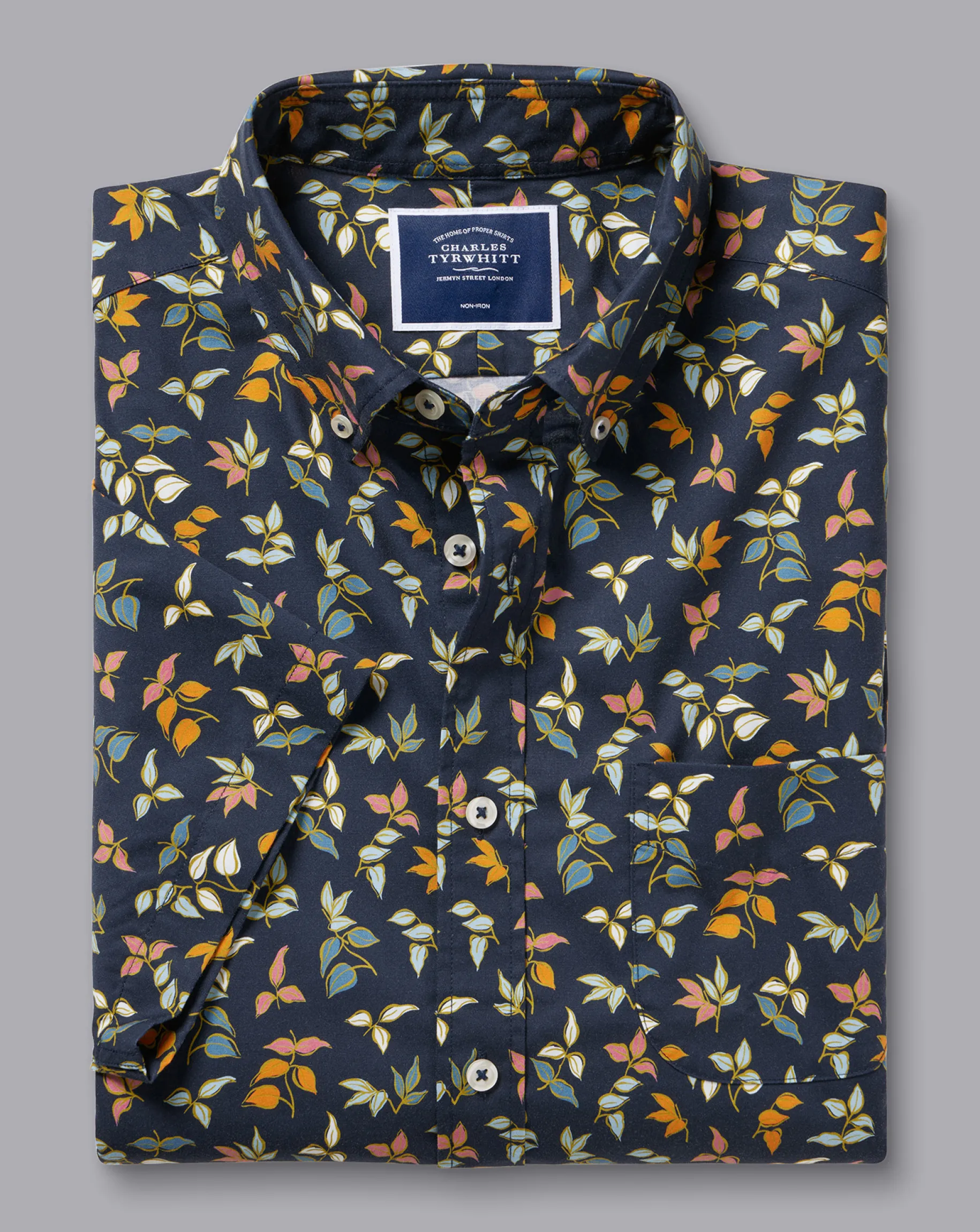 Shirt Sale|Casual Shirts<Charles Tyrwhitt Button-Down Collar Non-Iron Stretch Poplin Multi Leaf Print Short Sleeve Shirt - Navy