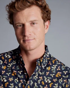 Shirt Sale|Casual Shirts<Charles Tyrwhitt Button-Down Collar Non-Iron Stretch Poplin Multi Leaf Print Short Sleeve Shirt - Navy