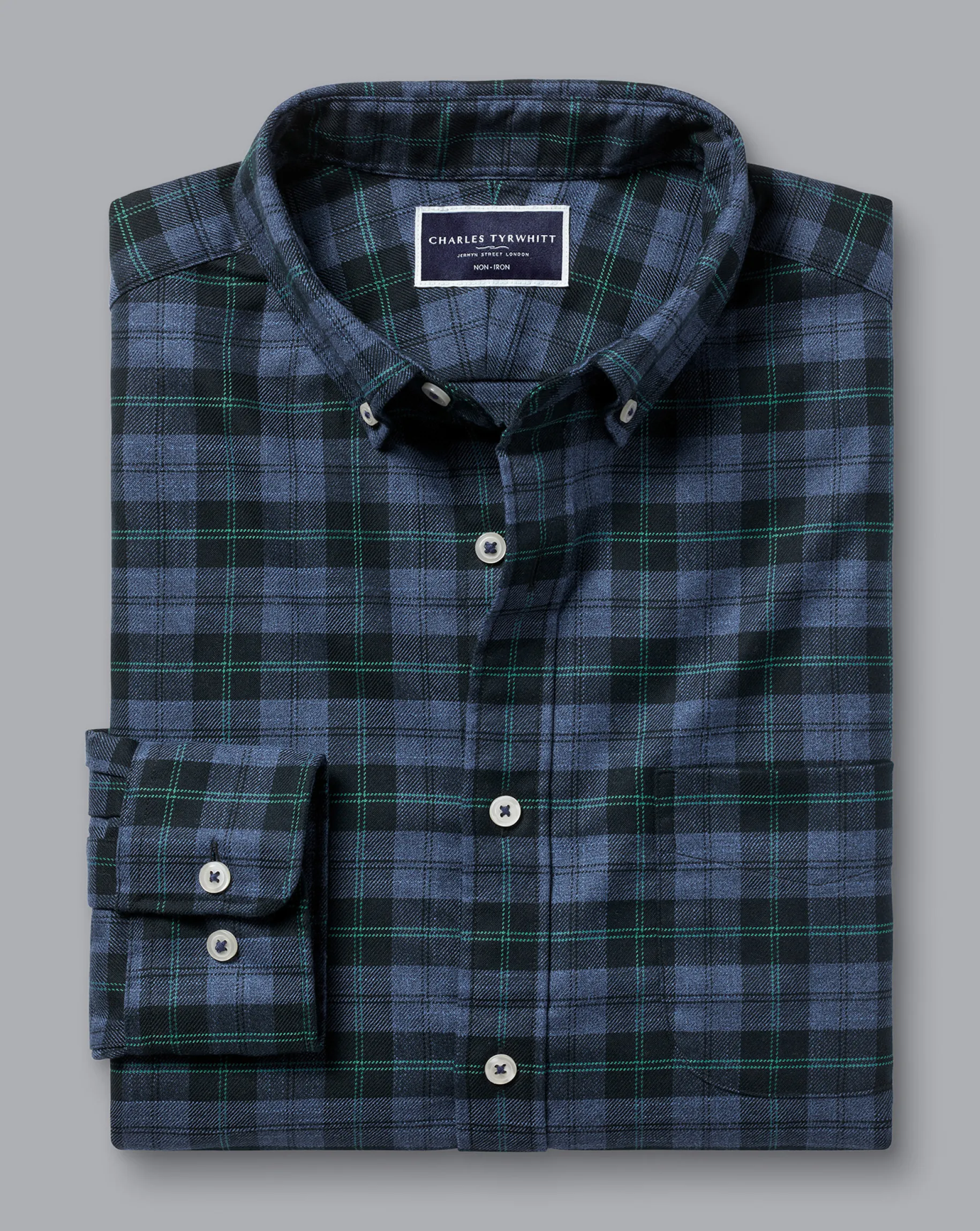 Business Casual Shirts|Casual Shirts<Charles Tyrwhitt Button-Down Collar Non-Iron Twill Overcheck Shirt - Green