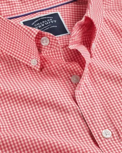 Shirt Sale|Casual Shirts<Charles Tyrwhitt Button-Down Collar Non-Iron Stretch Poplin Mini Gingham Short Sleeve Shirt - Bright Pink