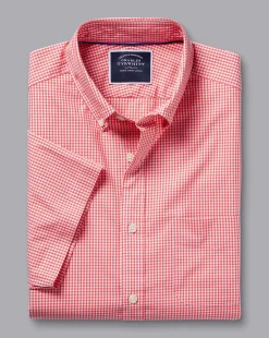 Shirt Sale|Casual Shirts<Charles Tyrwhitt Button-Down Collar Non-Iron Stretch Poplin Mini Gingham Short Sleeve Shirt - Bright Pink