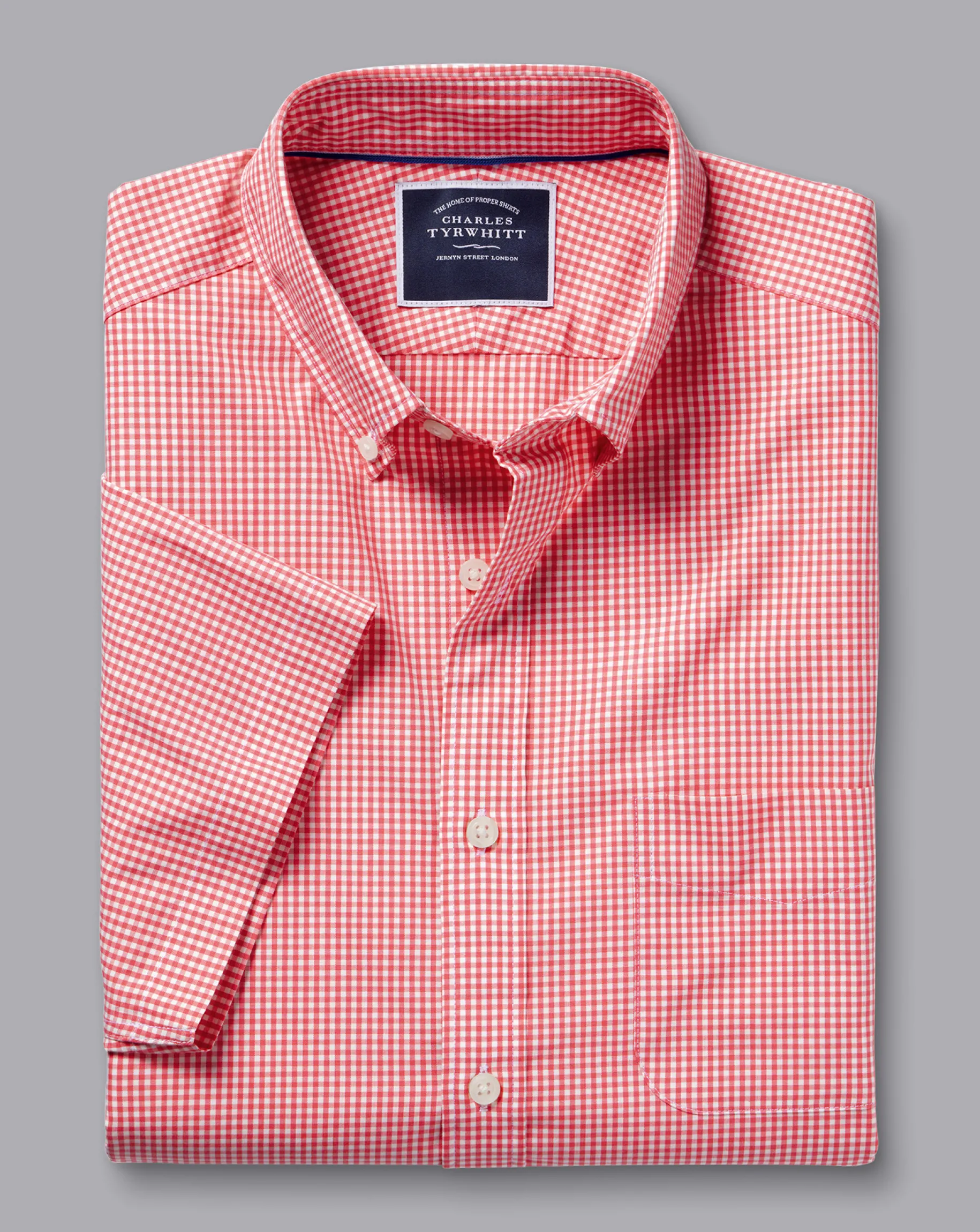 Shirt Sale|Casual Shirts<Charles Tyrwhitt Button-Down Collar Non-Iron Stretch Poplin Mini Gingham Short Sleeve Shirt - Bright Pink