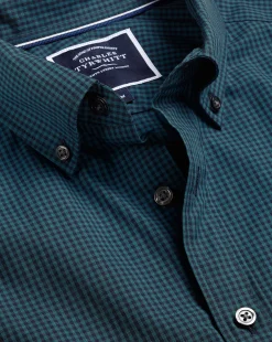 Shirt Sale|Casual Shirts<Charles Tyrwhitt Button-Down Collar Non-Iron Stretch Poplin Mini Gingham Check Shirt - Teal Green