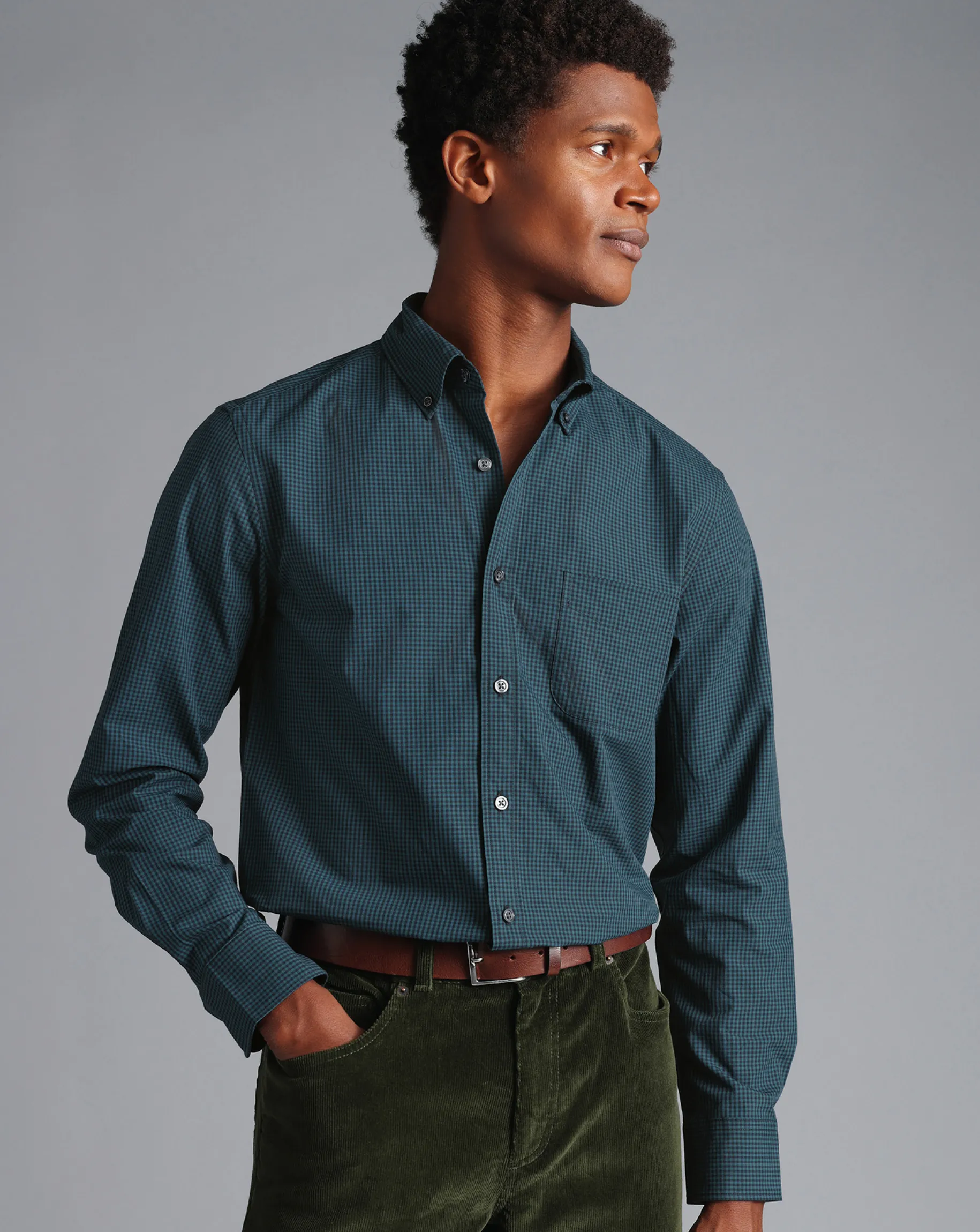 Shirt Sale|Casual Shirts<Charles Tyrwhitt Button-Down Collar Non-Iron Stretch Poplin Mini Gingham Check Shirt - Teal Green