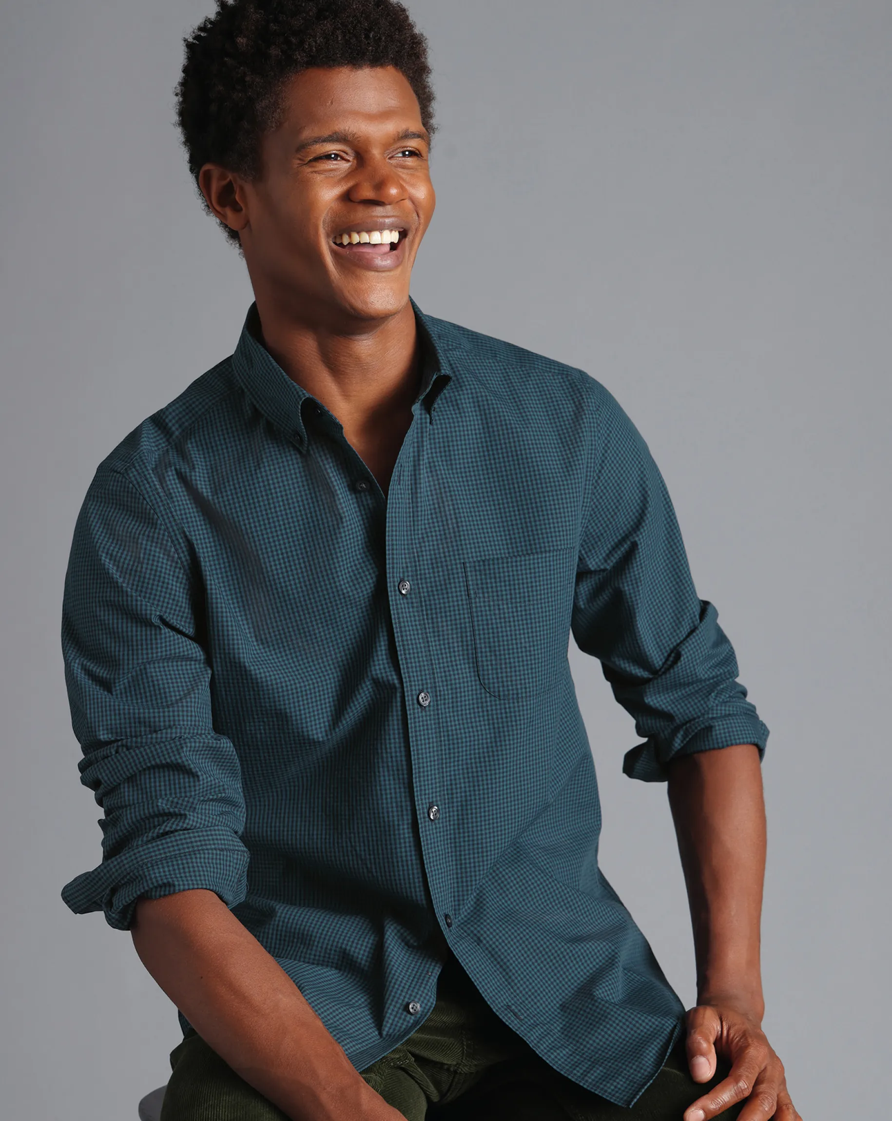 Shirt Sale|Casual Shirts<Charles Tyrwhitt Button-Down Collar Non-Iron Stretch Poplin Mini Gingham Check Shirt - Teal Green