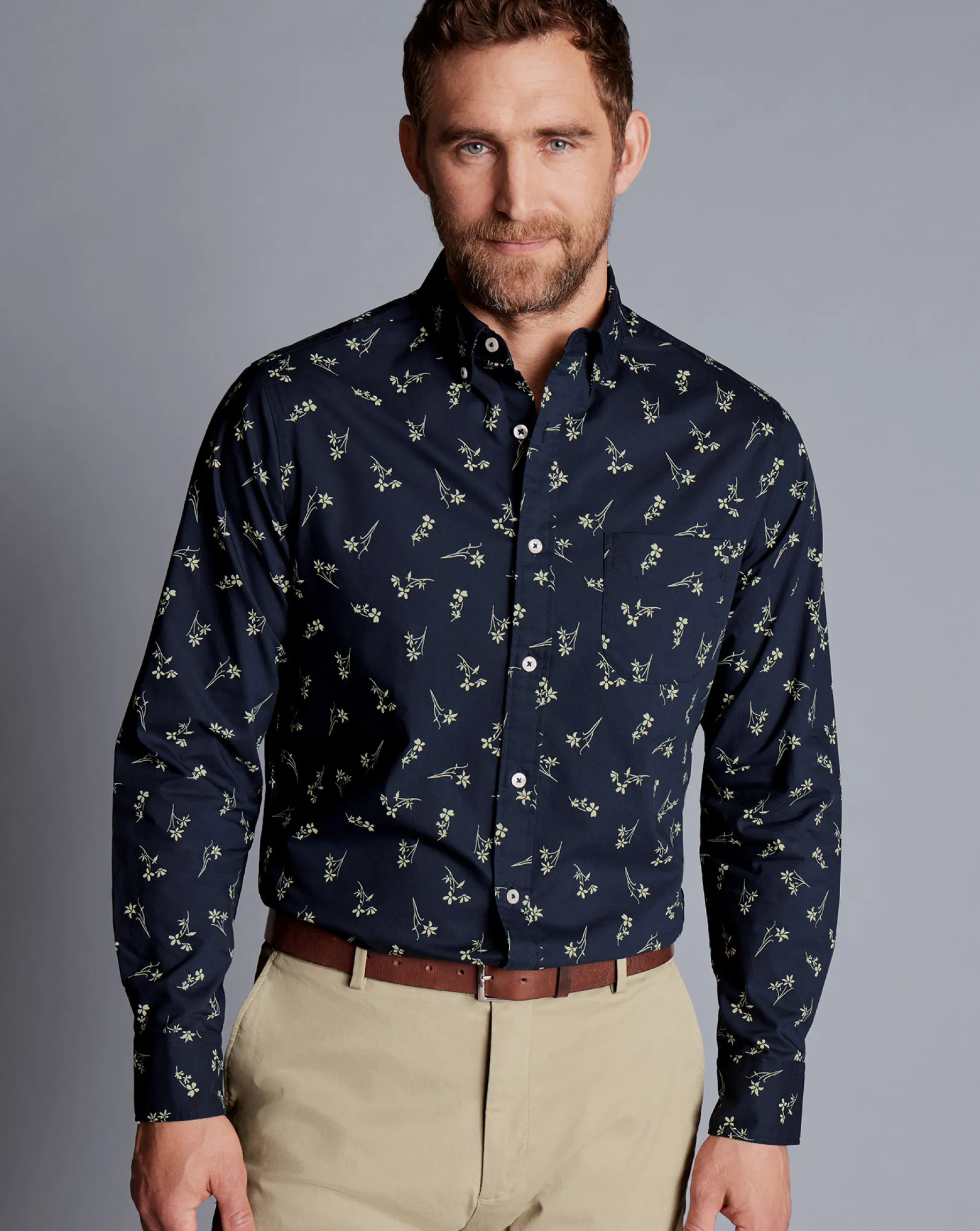 Casual Shirts|M<Charles Tyrwhitt Button-Down Collar Non-Iron Floral Print Shirt - Stone