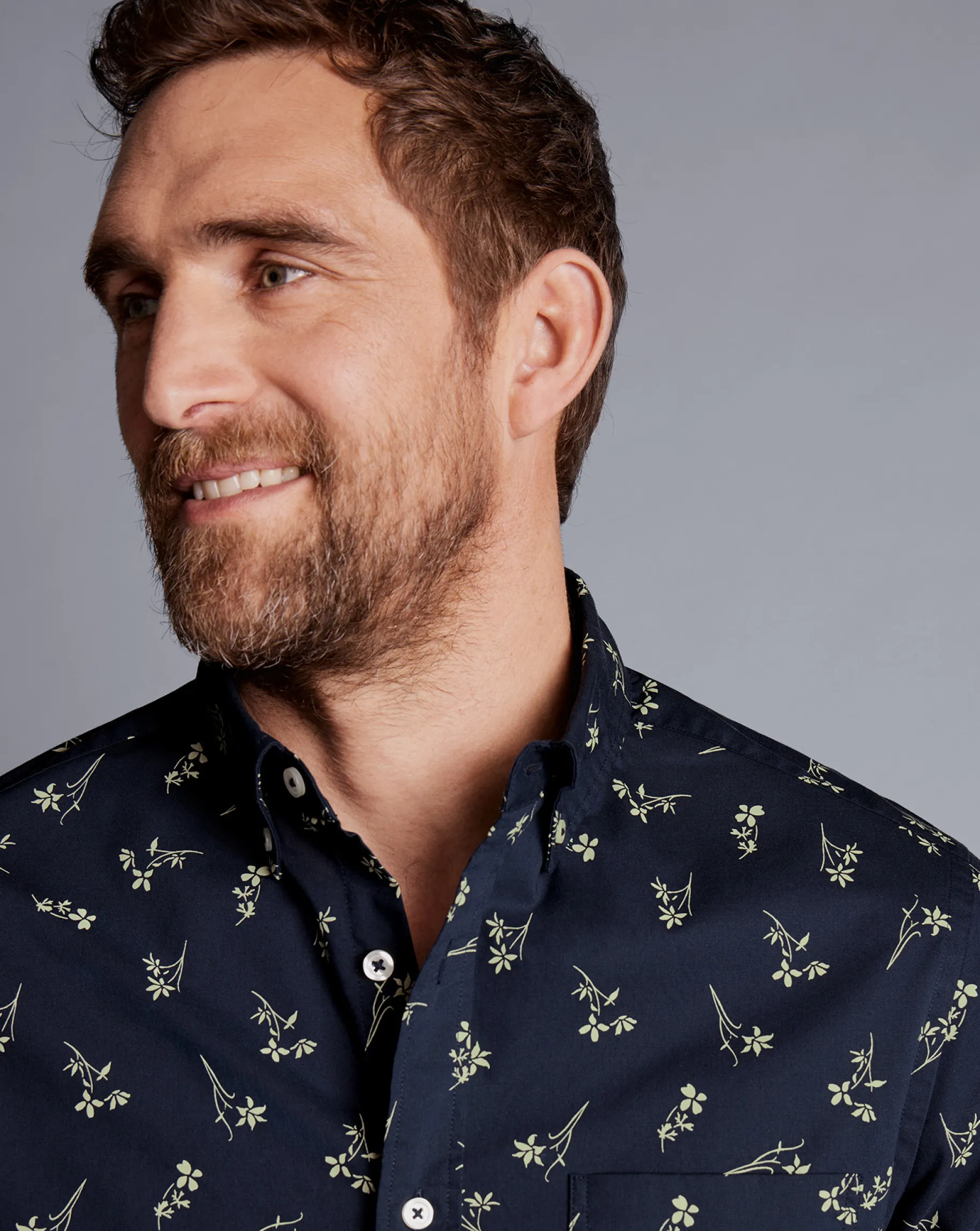 Casual Shirts|M<Charles Tyrwhitt Button-Down Collar Non-Iron Floral Print Shirt - Stone