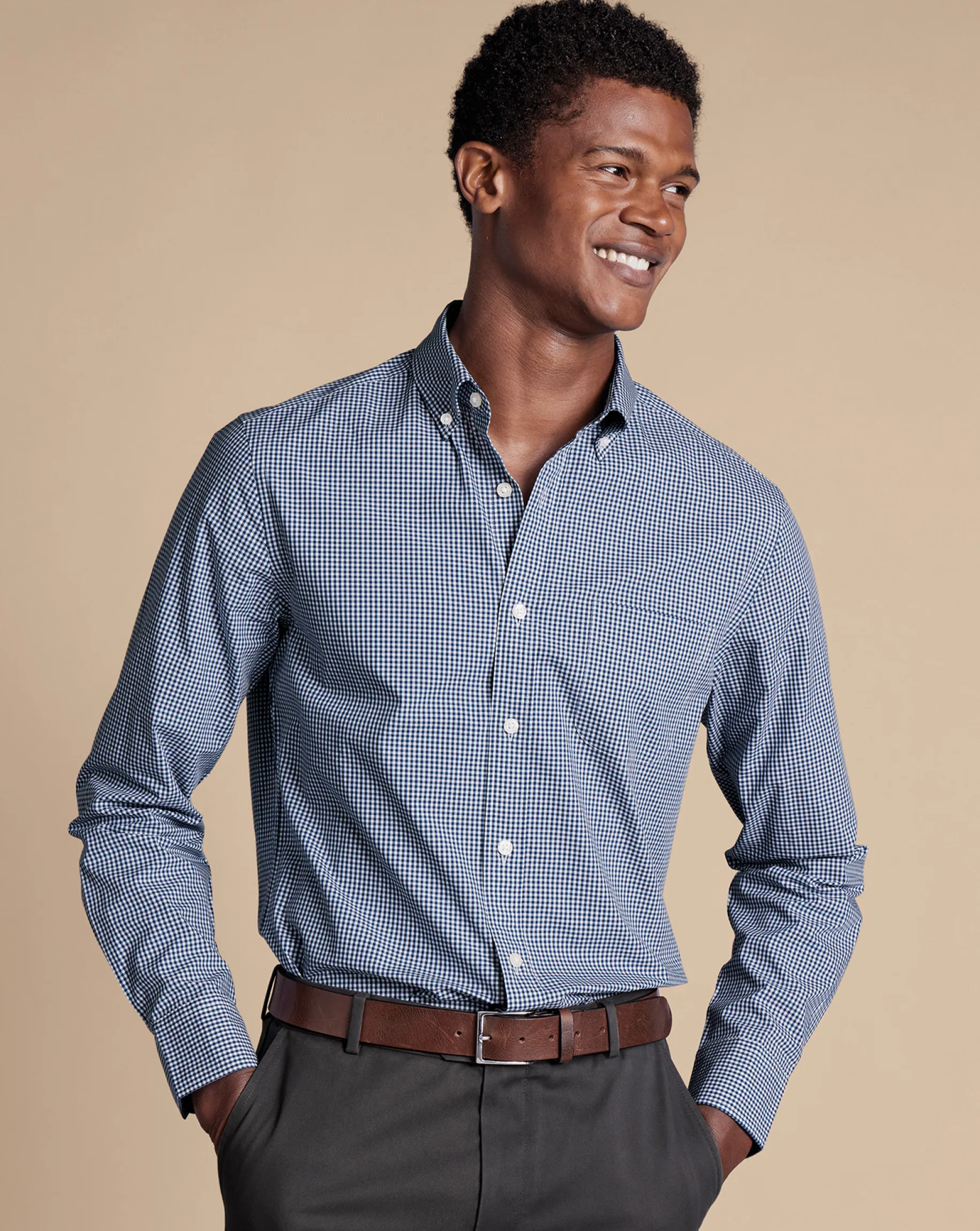 Business Casual Shirts|Casual Shirts<Charles Tyrwhitt Button-Down Collar Non-Iron Stretch Poplin Mini Gingham Check Shirt - French Blue