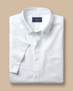 Short Sleeve Shirts|Casual Shirts<Charles Tyrwhitt Button-Down Collar Spot Print Short Sleeve Shirt - White & Blue Sky