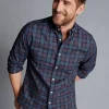 S|M<Charles Tyrwhitt Button-Down Collar Washed Oxford Check Shirt - Blackberry Blackberry Purple