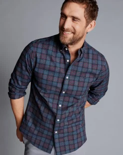 S|M<Charles Tyrwhitt Button-Down Collar Washed Oxford Check Shirt - Blackberry Blackberry Purple