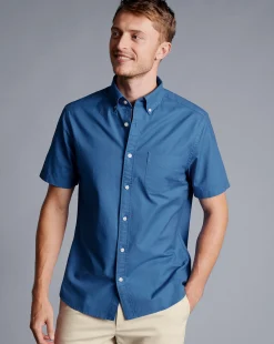 Short Sleeve Shirts|Casual Shirts<Charles Tyrwhitt Button-Down Collar Washed Oxford Short Sleeve Shirt - Ocean Blue