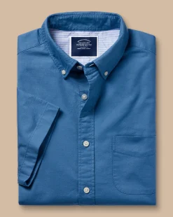 Short Sleeve Shirts|Casual Shirts<Charles Tyrwhitt Button-Down Collar Washed Oxford Short Sleeve Shirt - Ocean Blue