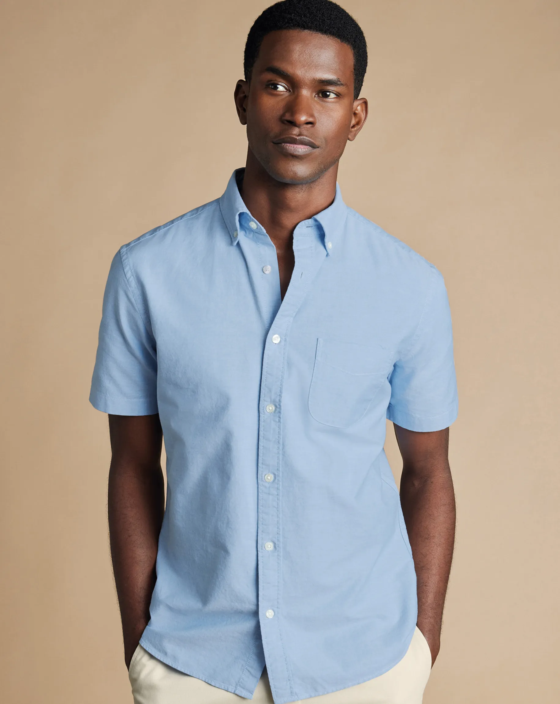 Short Sleeve Shirts|Casual Shirts<Charles Tyrwhitt Button-Down Collar Washed Oxford Short Sleeve Shirt - Blue Sky