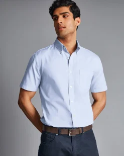 Short Sleeve Shirts|Casual Shirts<Charles Tyrwhitt Button-Down Collar Washed Oxford Short Sleeve Shirt - Blue Sky