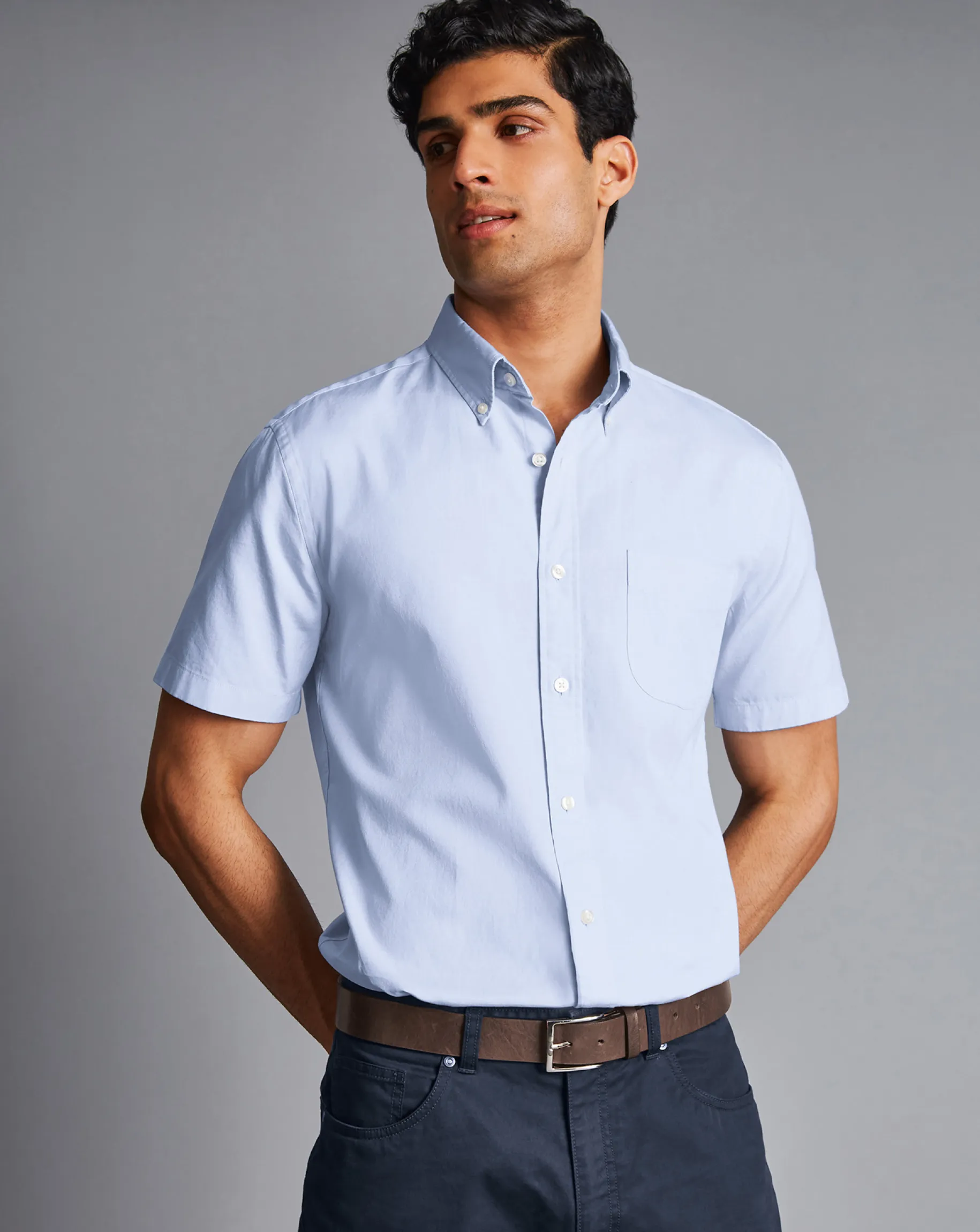 Short Sleeve Shirts|Casual Shirts<Charles Tyrwhitt Button-Down Collar Washed Oxford Short Sleeve Shirt - Blue Sky