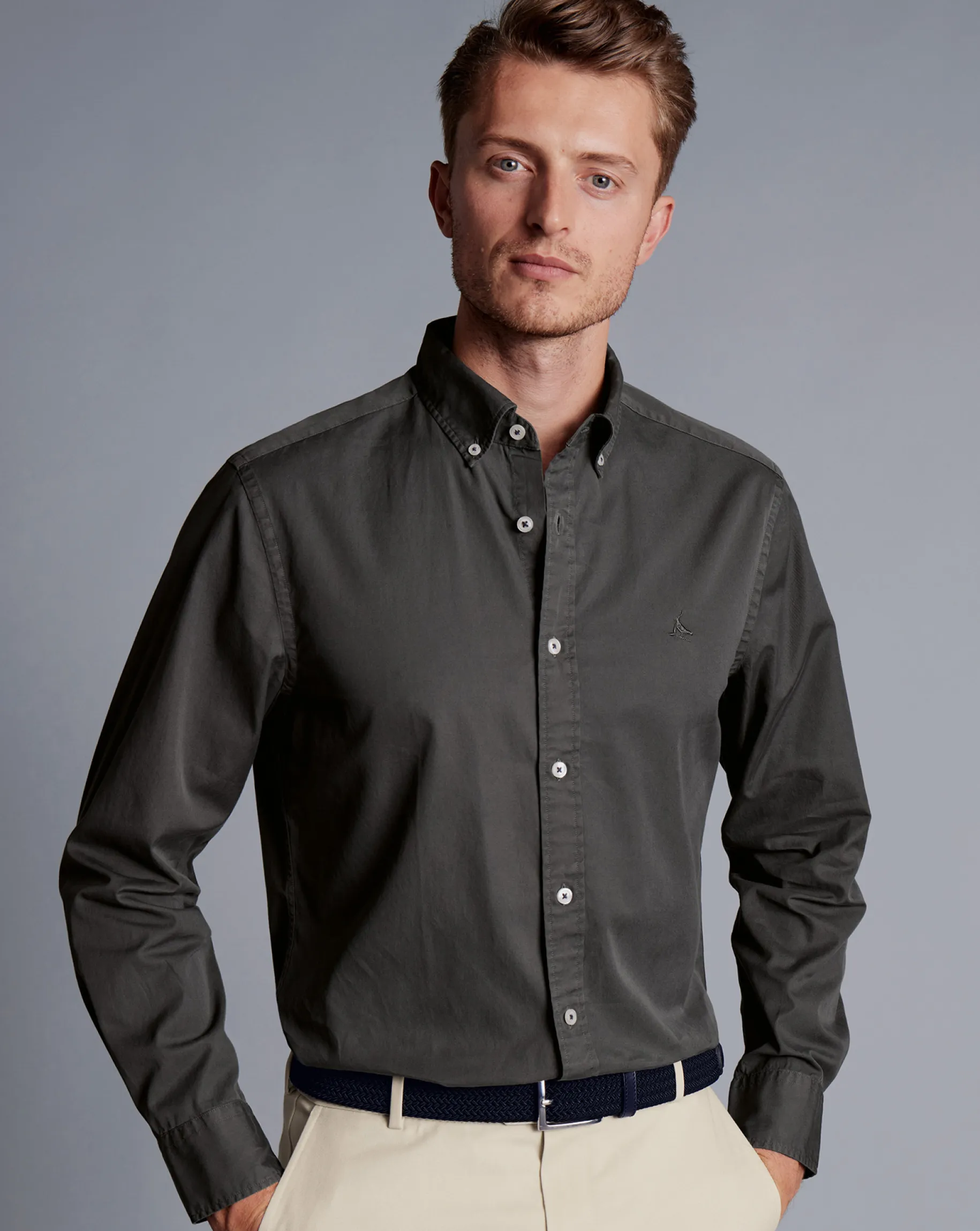 Shirt Sale|Casual Shirts<Charles Tyrwhitt Button-Down Collar Washed Fine Twill Shirt - Grey Charcoal