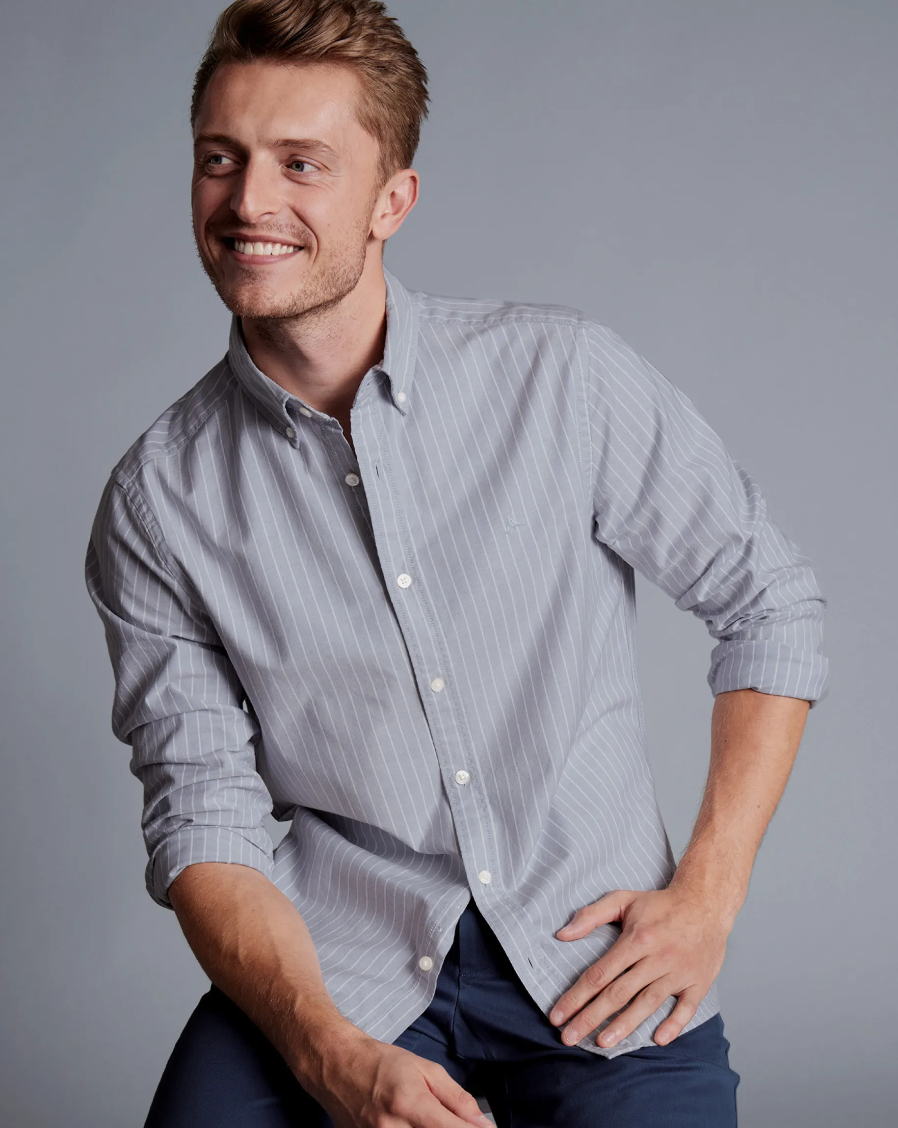 Shirt Sale|Casual Shirts<Charles Tyrwhitt Button-Down Collar Washed Oxford Butchers Stripe Shirt - Steel Blue