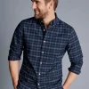 S|M<Charles Tyrwhitt Button-Down Collar Washed Oxford Check Shirt - Indigo Blue