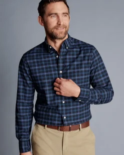 S|M<Charles Tyrwhitt Button-Down Collar Washed Oxford Check Shirt - Indigo Blue