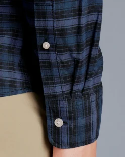 S|M<Charles Tyrwhitt Button-Down Collar Washed Oxford Check Shirt - Indigo Blue