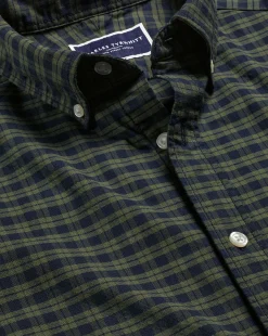 S|M<Charles Tyrwhitt Button-Down Collar Washed Oxford Check Shirt - Green Olive