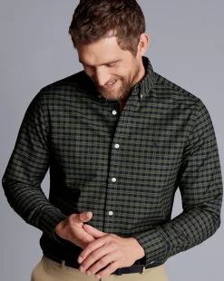 S|M<Charles Tyrwhitt Button-Down Collar Washed Oxford Check Shirt - Green Olive