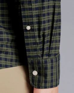 S|M<Charles Tyrwhitt Button-Down Collar Washed Oxford Check Shirt - Green Olive