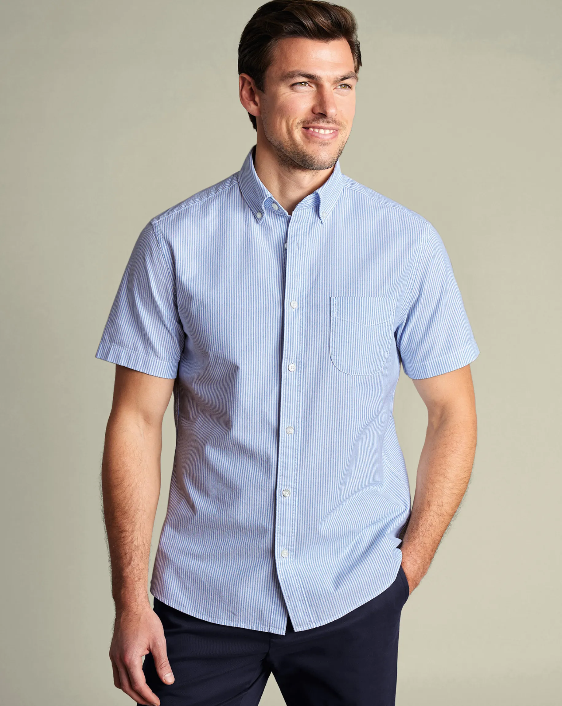 Short Sleeve Shirts|Casual Shirts<Charles Tyrwhitt Button-Down Collar Washed Oxford Stripe Short Sleeve Shirt - Ocean Blue