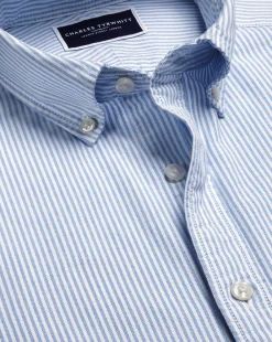 Short Sleeve Shirts|Casual Shirts<Charles Tyrwhitt Button-Down Collar Washed Oxford Stripe Short Sleeve Shirt - Ocean Blue